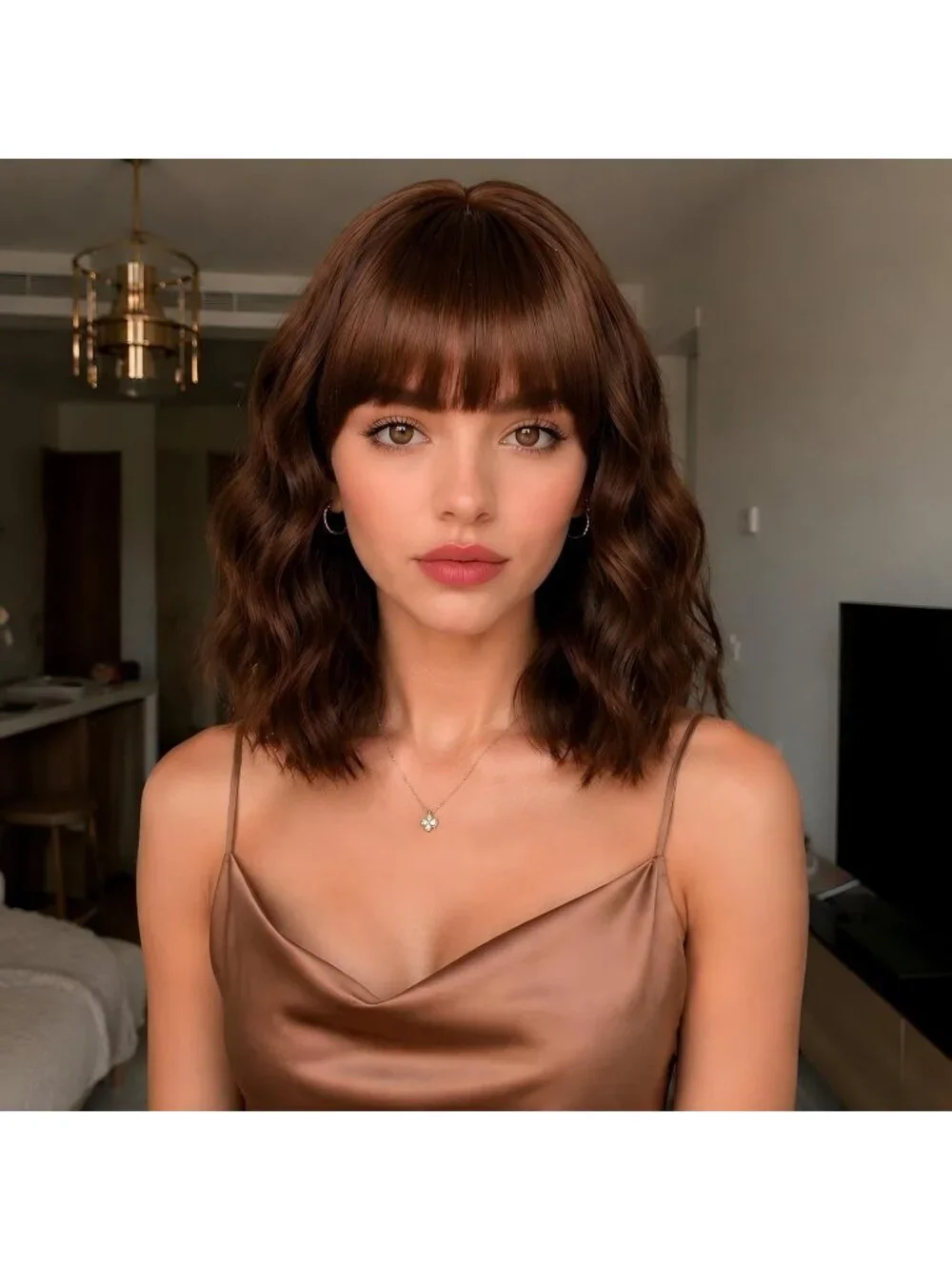 Women's Honey Brown 16 Inch Wavy Wig Bangs Shoulder Length Synthetic Hair